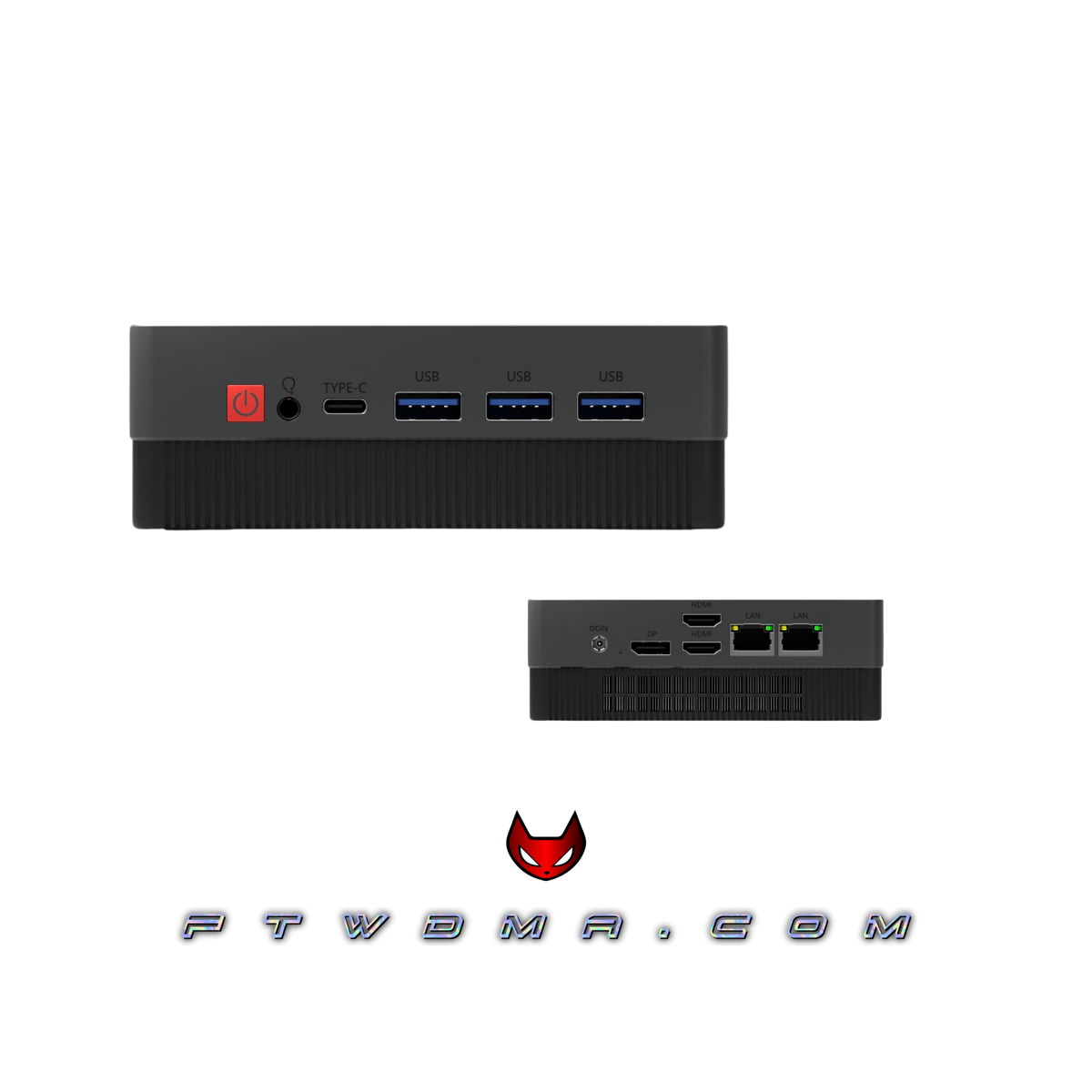 AMD Ryzen mini PC for DMA setups: front USB-C and three USB-A ports, rear DisplayPort, dual HDMI and dual Ethernet