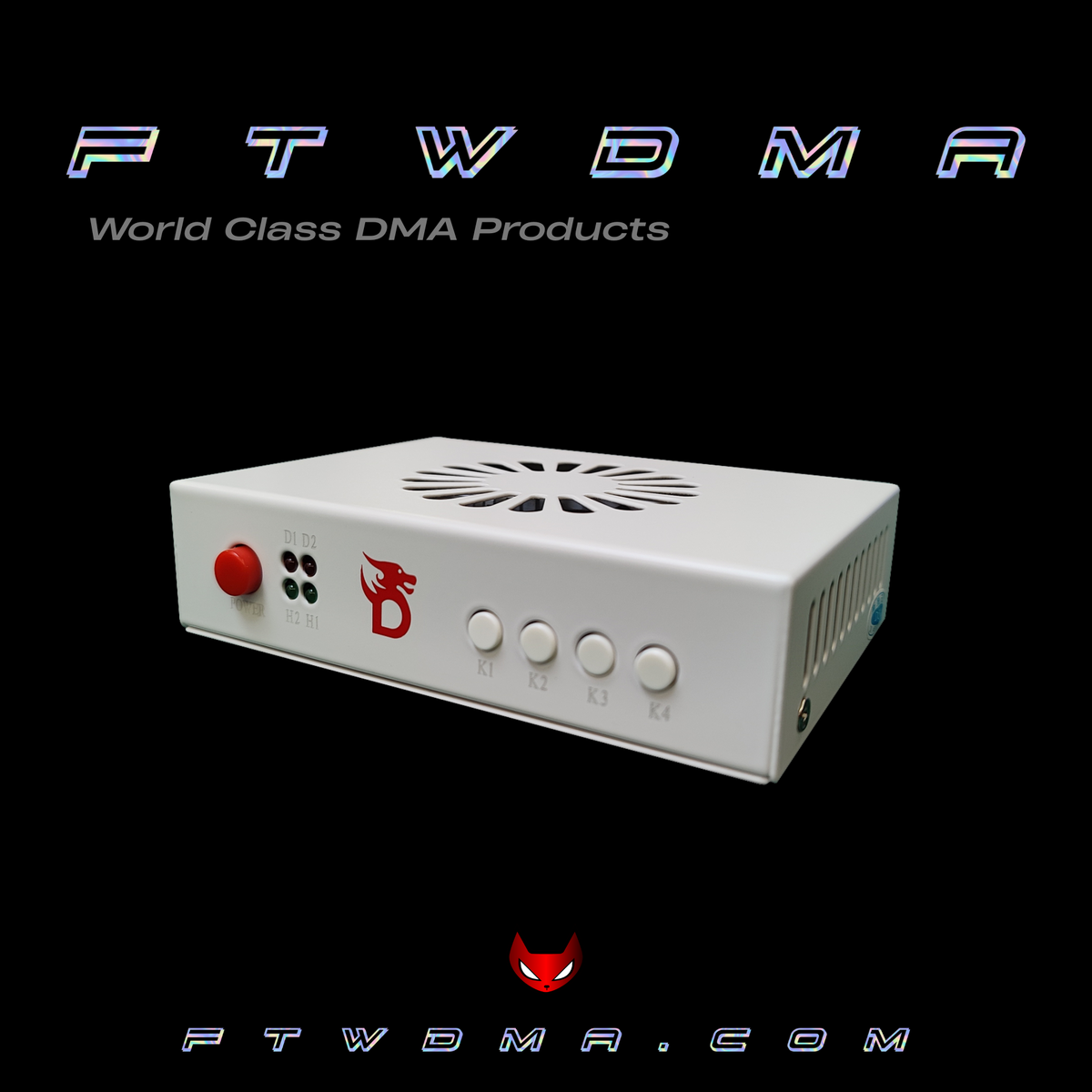 Dichen 6th Gen HDMI fuser, white metal case with red power button and four mode buttons, angled view