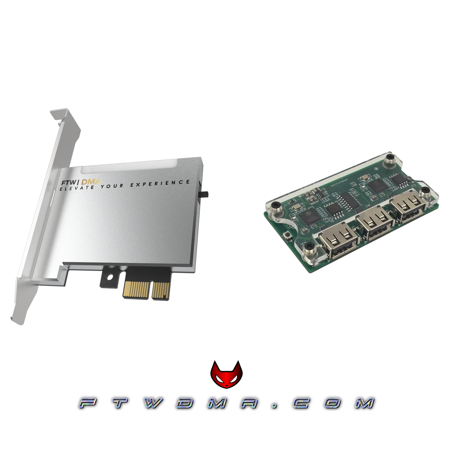 DMA starter bundle with silver PCIe DMA card, Makcu input device, and optional DMA firmware support.