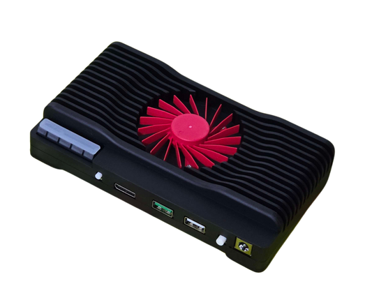 HPTT DMA device angled view showing the DisplayPort, USB-C, USB-A ports and 12V power socket