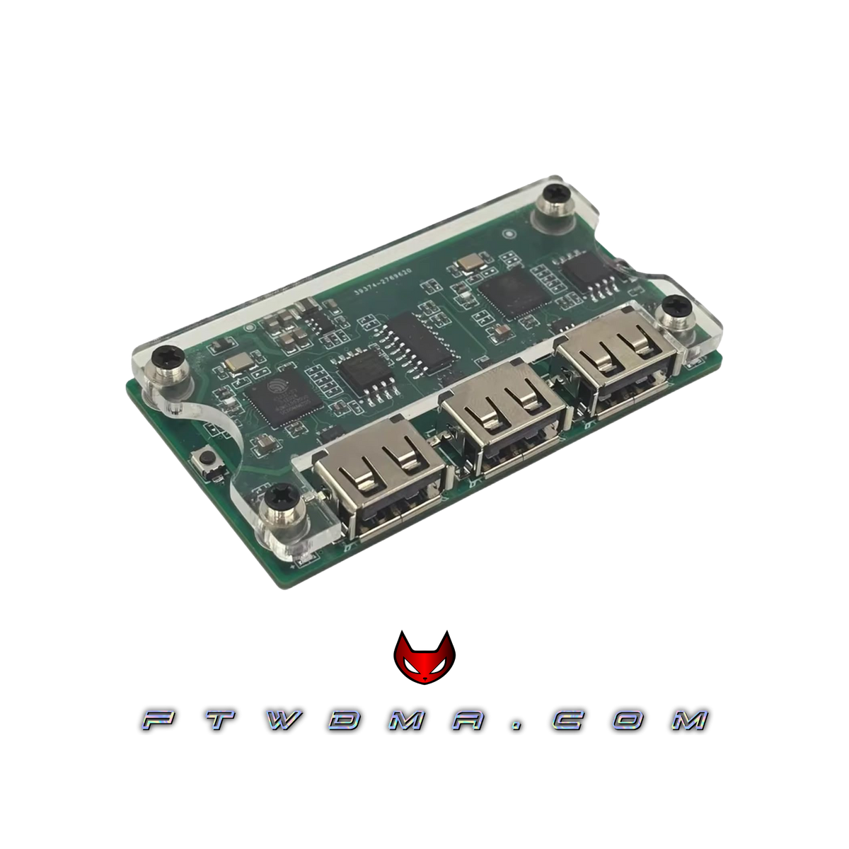 Makcu USB input device, bare PCB in a clear acrylic frame with three USB-A ports