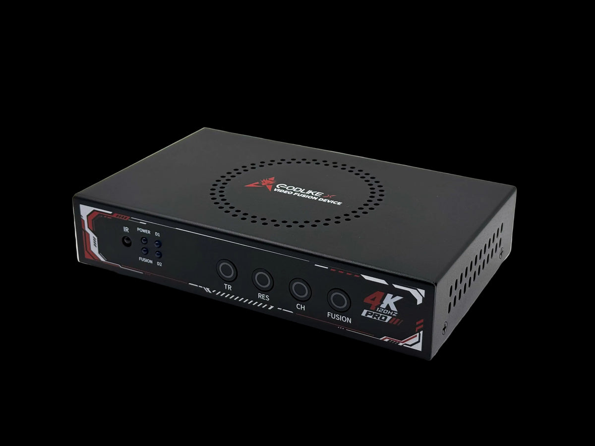 Godlike 4K Pro DisplayPort DMA fuser, front panel with IR receiver, status LEDs and TR, RES, CH and FUSION buttons