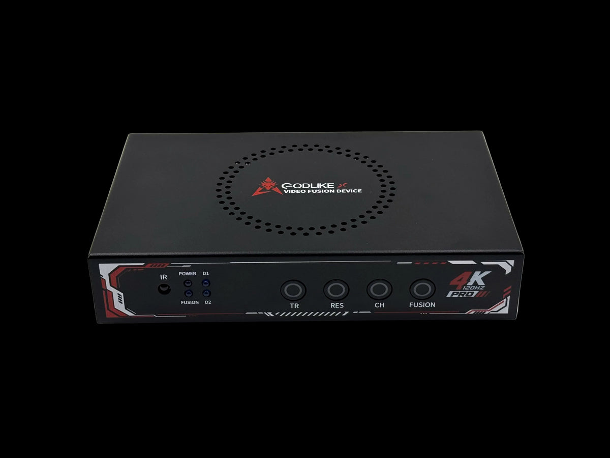 Godlike 4K Pro fuser rear angle showing the two DisplayPort inputs and the DisplayPort output