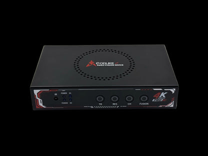 Godlike 4K Pro fuser rear angle showing the two DisplayPort inputs and the DisplayPort output