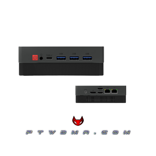 AMD Ryzen mini PC for DMA setups: front USB-C and three USB-A ports, rear DisplayPort, dual HDMI and dual Ethernet