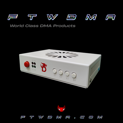 Dichen 6th Gen HDMI fuser, white metal case with red power button and four mode buttons, angled view