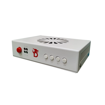 Dichen 6th Gen HDMI fuser, white metal case with top cooling fan grille, angled view