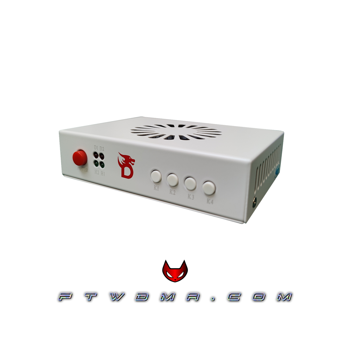 Dichen 6th Gen HDMI DMA fuser, white, front panel with power button, D1/D2/H1/H2 status LEDs and K1 to K4 mode buttons