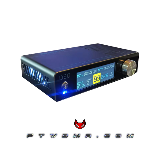 Dichen D60 4K DisplayPort fuser with status display and control dial, showing a 2560 x 1440 240Hz mode