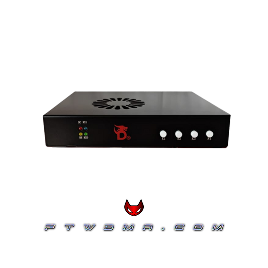 Dichen DC500 4K fuser, black metal case with status LEDs and four mode buttons, front view