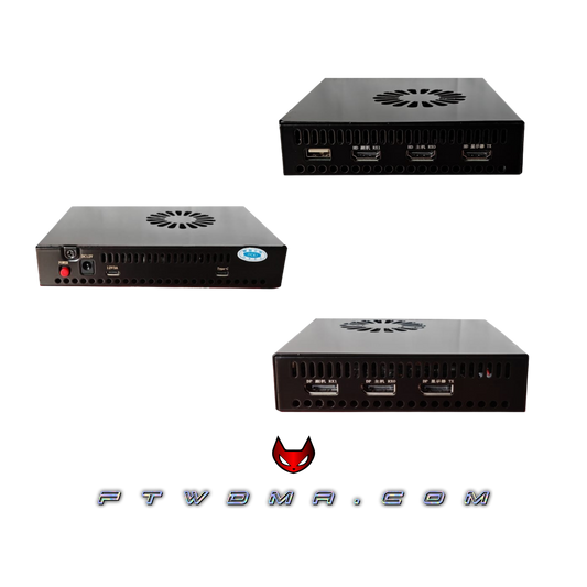 Dichen DC500 4K fuser port views: HDMI 2.1 and DisplayPort 1.4 inputs and display outputs, 12V power and USB-C