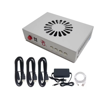 Dichen HDMI fuser box contents: fuser, three HDMI cables, 12V power adapter and USB cable