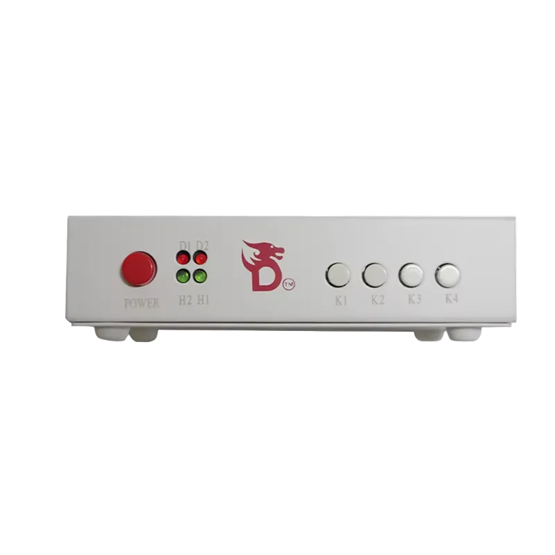 Dichen HDMI fuser front panel close-up: power button, status LEDs and K1 to K4 buttons
