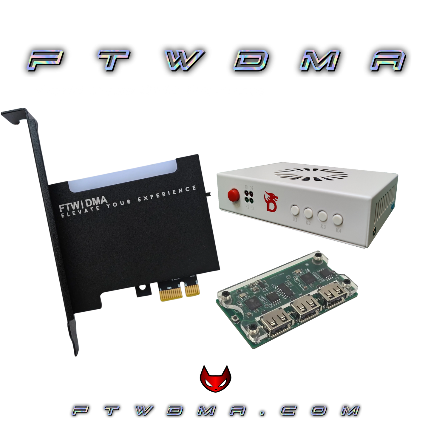 DMA hardware bundles featuring PCIe DMA cards, Makcu or KM Box electronic input devices, fuser accessories, video combiners and dma custom and emulated firmware options.