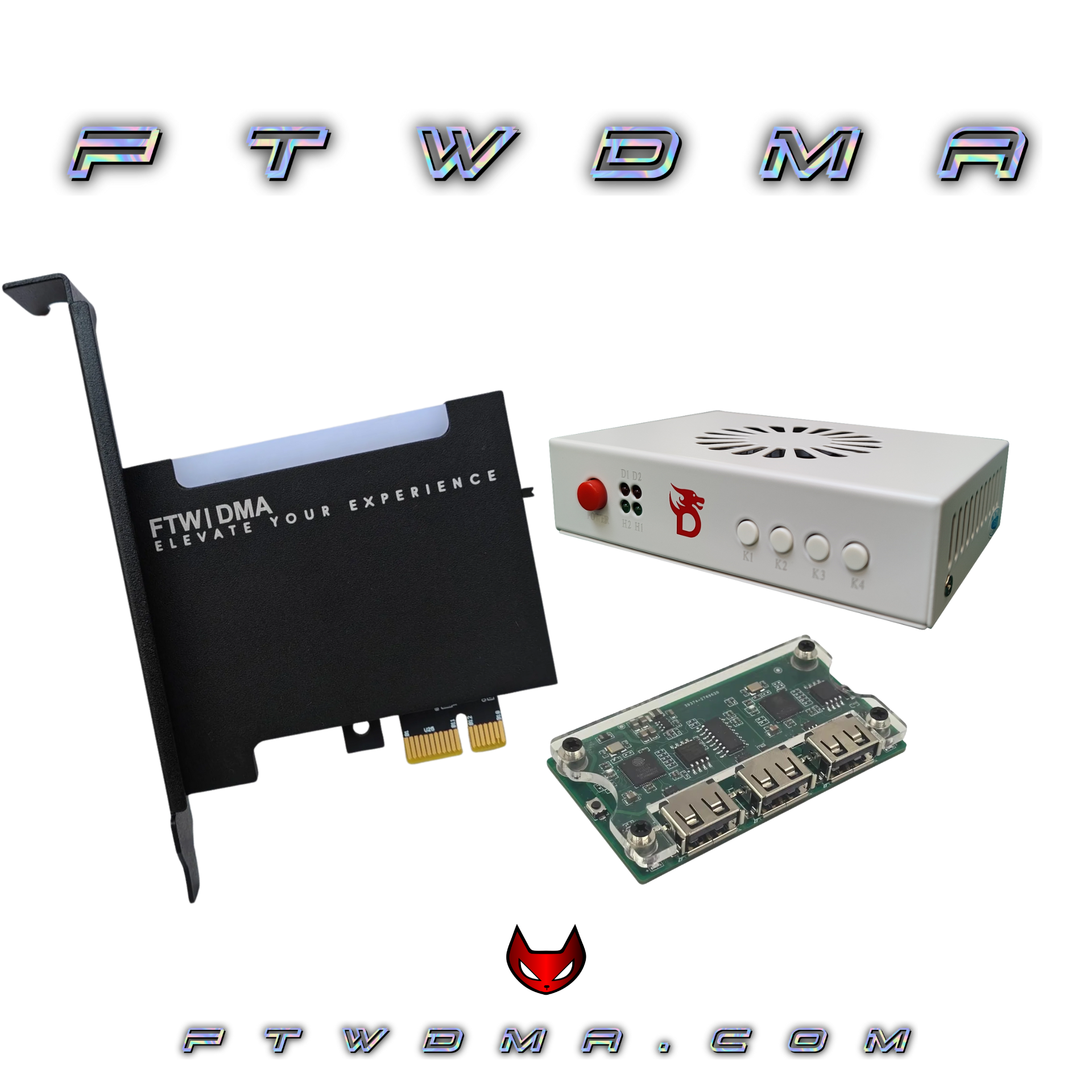 DMA hardware bundles featuring PCIe DMA cards, Makcu or KM Box electronic input devices, fuser accessories, video combiners and dma custom and emulated firmware options.