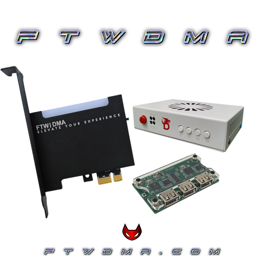DMA hardware bundles featuring PCIe DMA cards, Makcu or KM Box electronic input devices, fuser accessories, video combiners and dma custom and emulated firmware options.