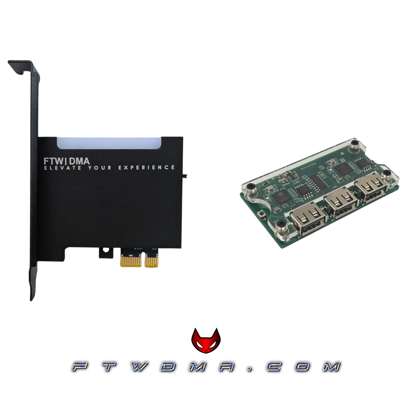 DMA starter bundle with black PCIe DMA card, Makcu input device, and optional DMA firmware support.
