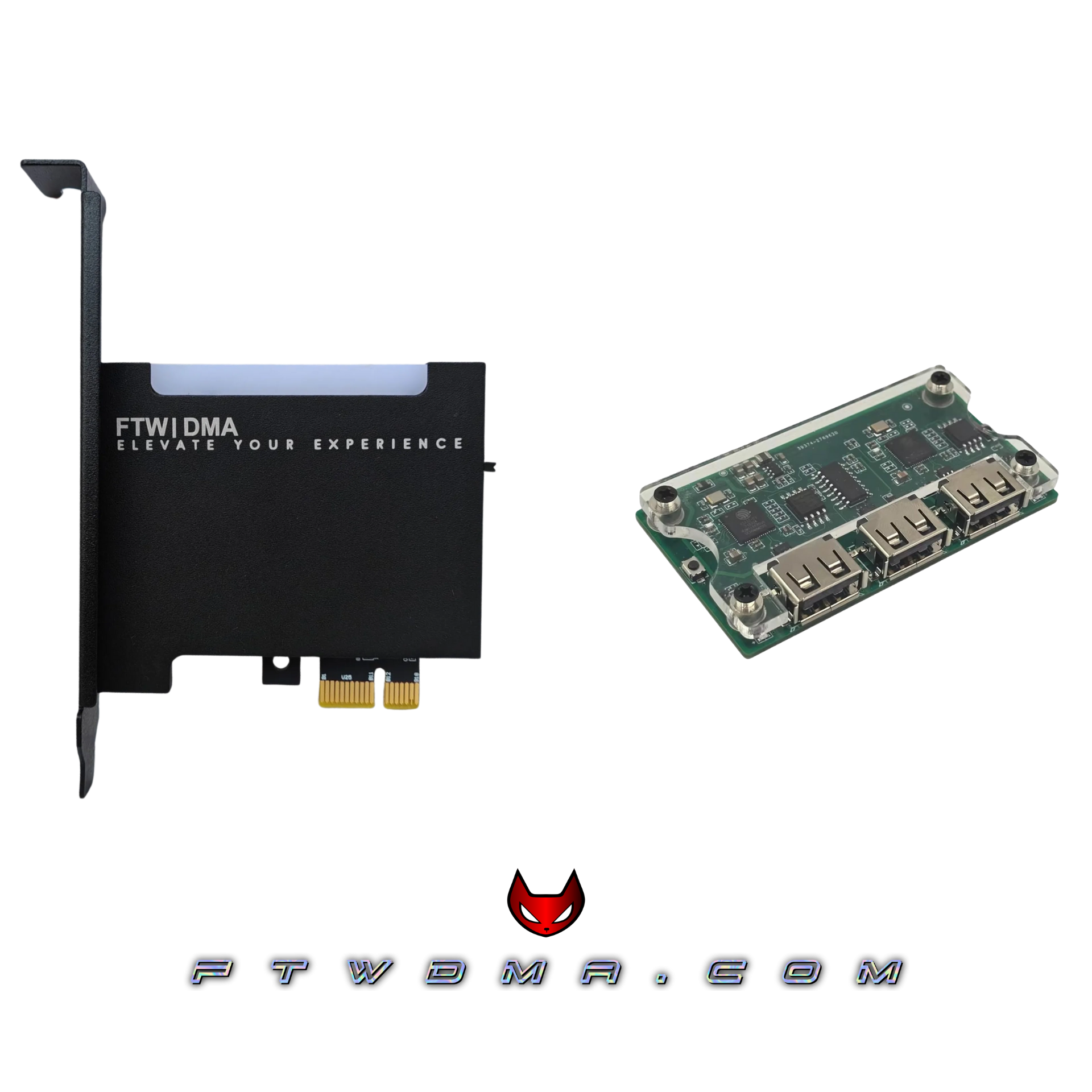 DMA starter bundle with black PCIe DMA card, Makcu input device, and optional DMA firmware support.
