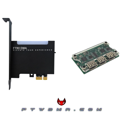 DMA starter bundle with black PCIe DMA card, Makcu input device, and optional DMA firmware support.
