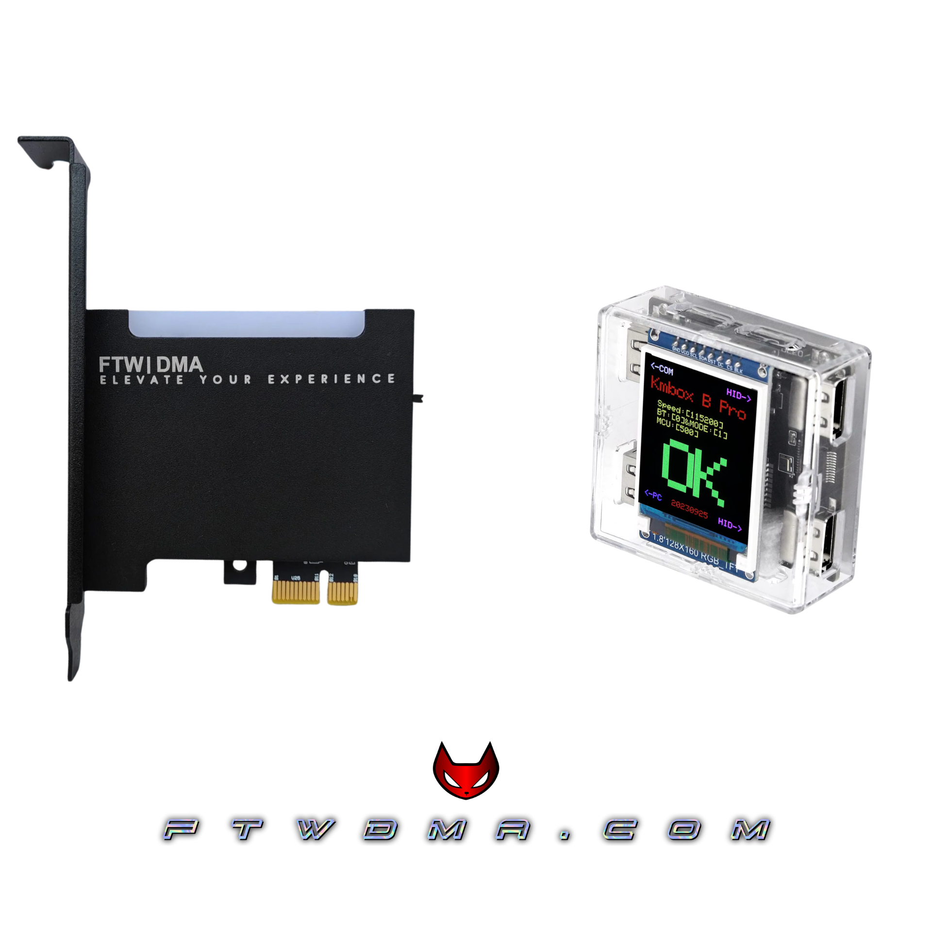 DMA starter bundle featuring a PCIe DMA card with Makcu or KM Box electronic input device and essential accessories.
