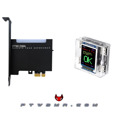 DMA starter bundle featuring a PCIe DMA card with Makcu or KM Box electronic input device and essential accessories.