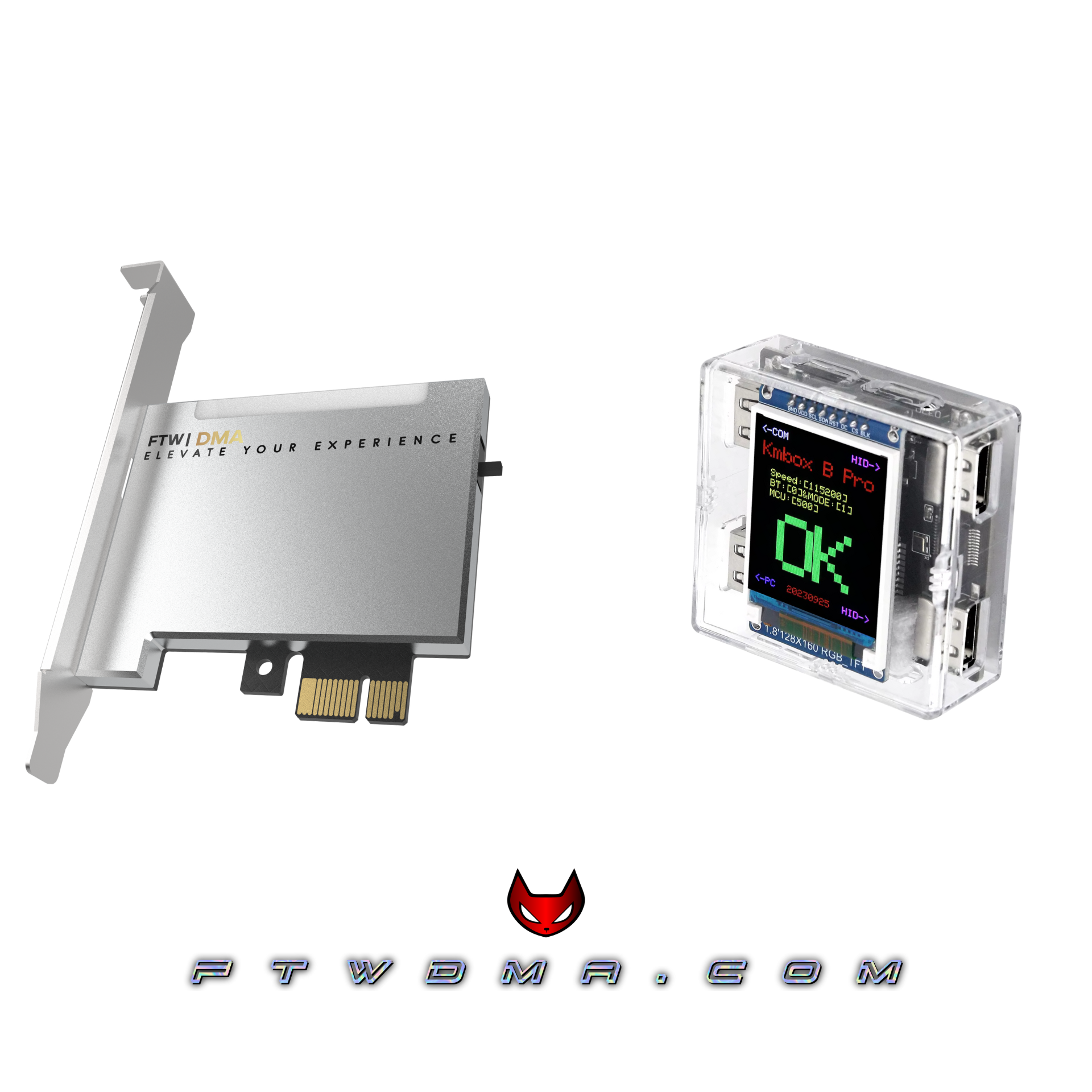DMA starter bundle with silver PCIe DMA card, KM Box input device, and optional DMA firmware support.