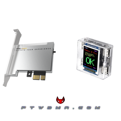 DMA starter bundle with silver PCIe DMA card, KM Box input device, and optional DMA firmware support.