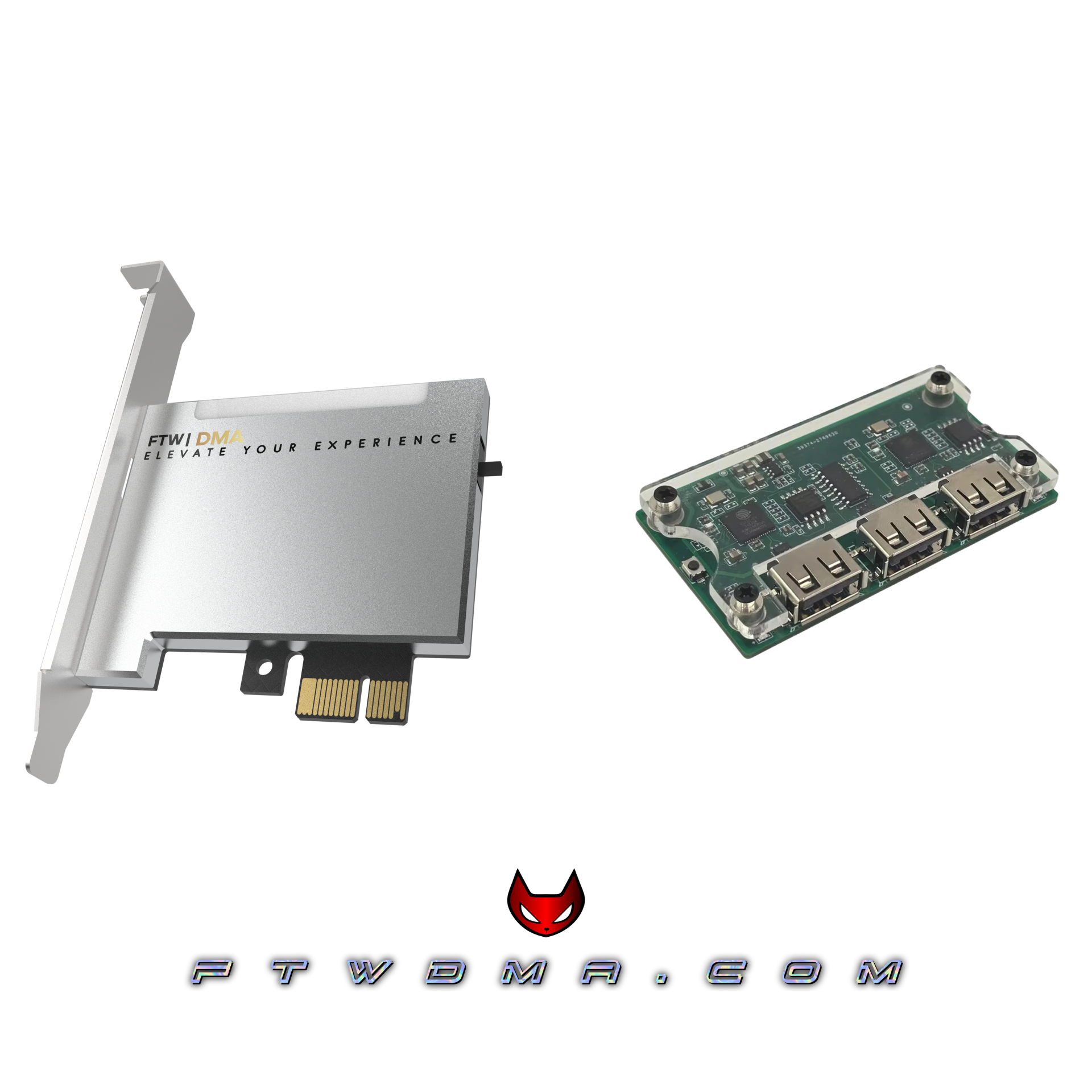 DMA starter bundle with silver PCIe DMA card, Makcu input device, and optional DMA firmware support.