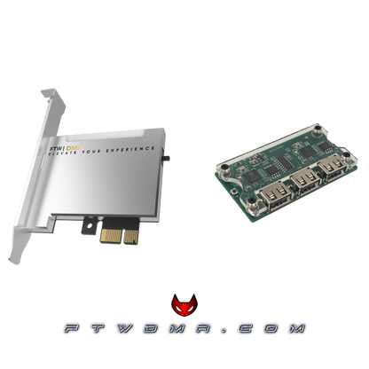 DMA starter bundle with silver PCIe DMA card, Makcu input device, and optional DMA firmware support.