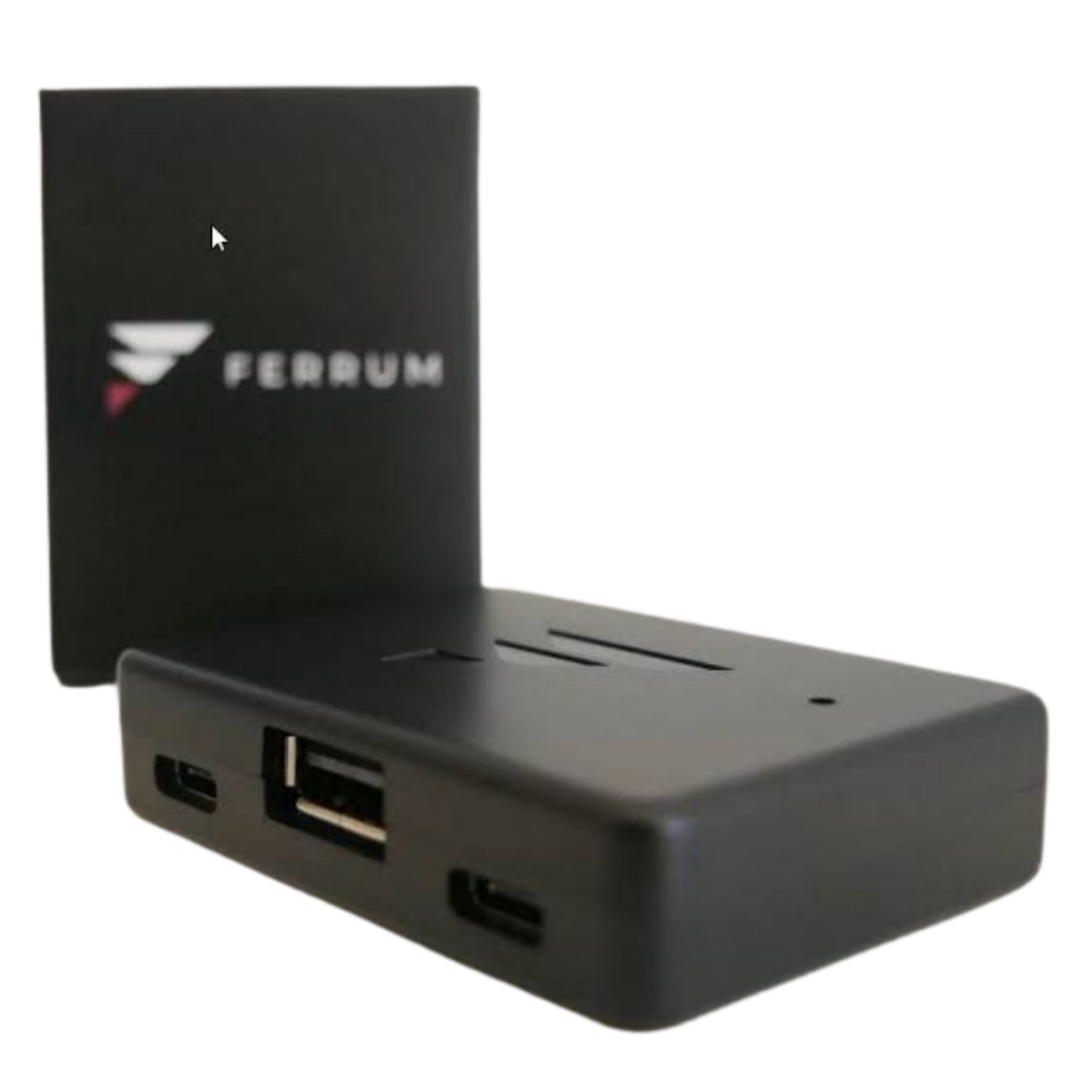 Ferrum One 8000 Hz USB input device with its box, showing the USB-A port and two USB-C ports