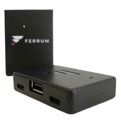Ferrum One 8000 Hz USB input device with its box, showing the USB-A port and two USB-C ports