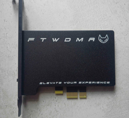 FTW DMA 100T Black Edition Artix-7 100T PCIe DMA card, front view of the black shroud and full-height bracket