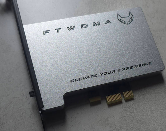 FTW DMA 100T Dual Firmware PCIe DMA card, silver aluminium shroud with PCIe x1 connector and bracket firmware switch
