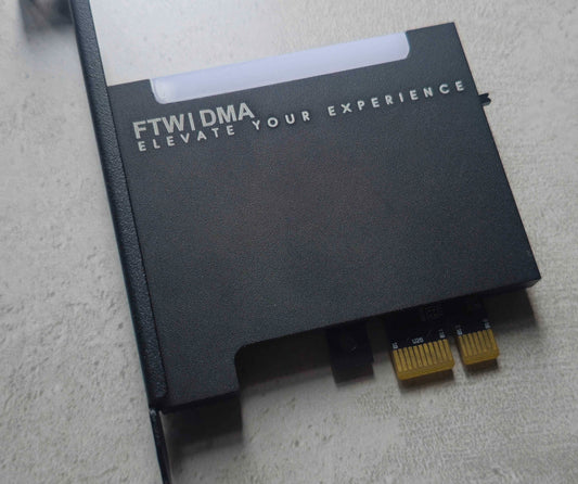 FTW DMA 75T Black Edition PCIe DMA card, angled view of the black shroud with white top strip and PCIe x1 connector