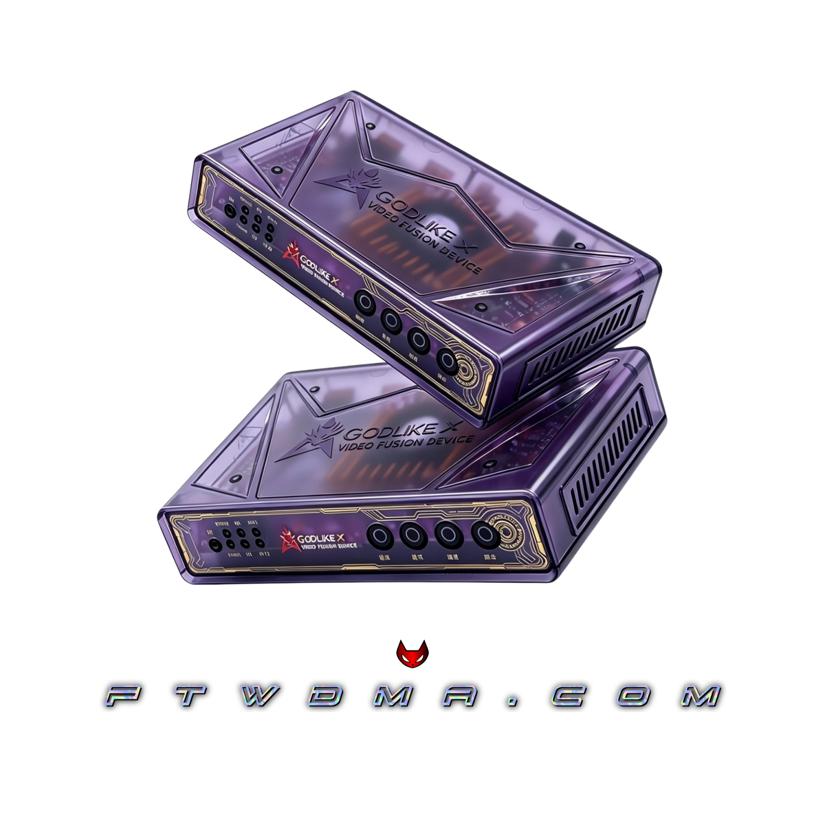 Godlike 10th Gen fuser Limited Edition, clear purple RGB case, two units stacked