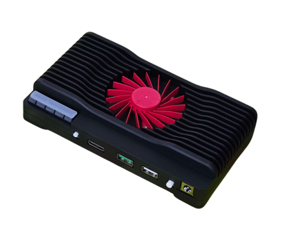 HPTT DMA device angled view showing the DisplayPort, USB-C, USB-A ports and 12V power socket