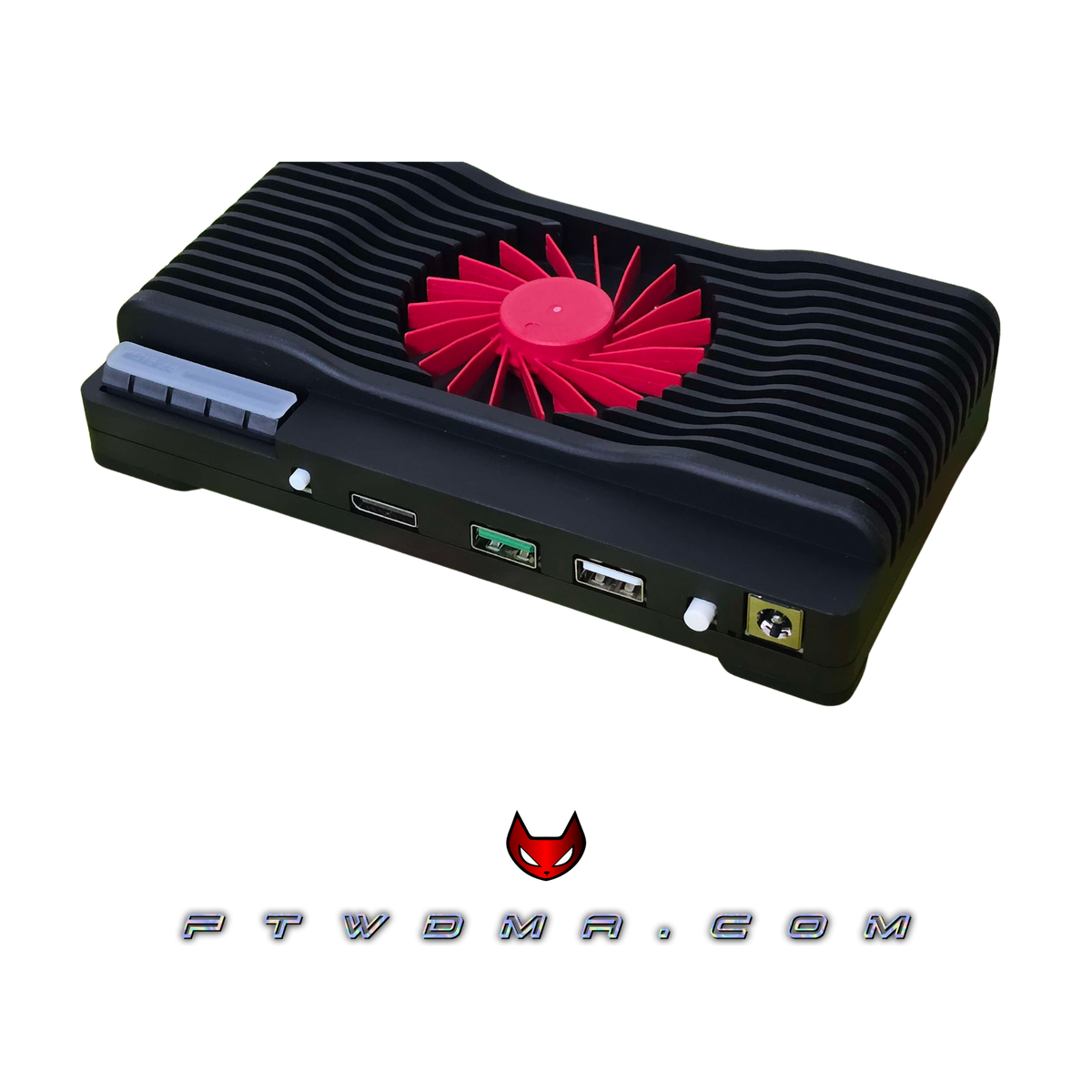 HPTT Hybrid PCIe Trace Tool DMA device, black finned enclosure with red fan, DisplayPort, USB-C, USB-A and power ports