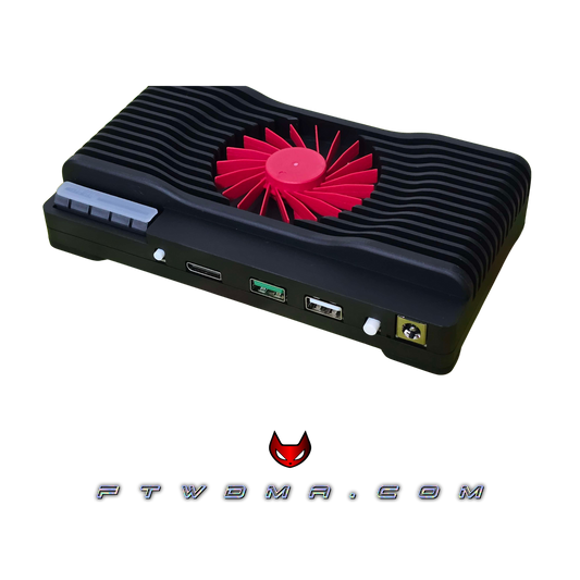 HPTT Hybrid PCIe Trace Tool DMA device, black finned enclosure with red fan, DisplayPort, USB-C, USB-A and power ports